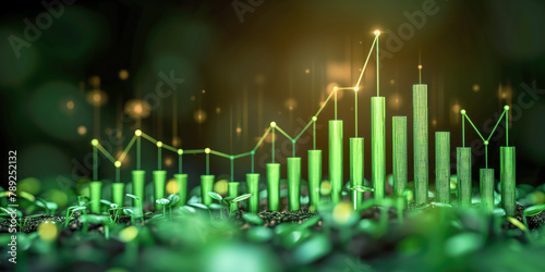 Abstract illustration of green bars charts on the bark background. Global marketing concept.