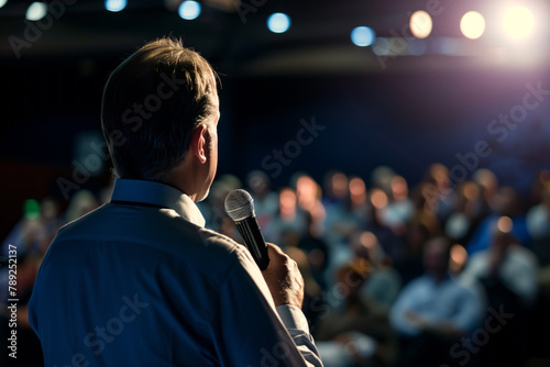 AI Generated Image. Male scientist speaking on a stage against audience photo