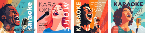 Karaoke party show square banner set. Music night club festival drawing art prints. People sing song into mic. Musical event flyer template with singing person. Trendy typography banner vector design