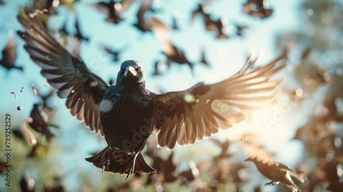 Composite shot of flying starling coming into land with worm in beak AI generated photo