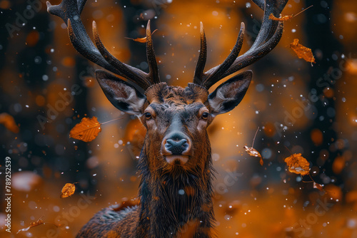 A scene illustrating a deer with a coat of falling leaves instead of fur, blending into the autumnal