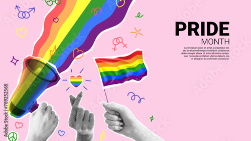 Bright collage for Pride Month events. Vector banner with halftone hands, loudspeaker and rainbow flags. Collage with rainbow heart, cut out paper elements and doodles for decoration of LGBT events.