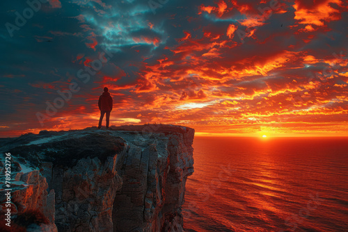 A scene illustrating a person standing on a cliff overlooking the ocean at sunset, the sky a canvas