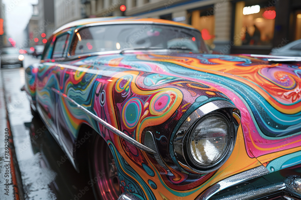A scene showing a custom car paint job with a psychedelic pattern, making the vehicle look like it's A scene showing a custom car paint job with a psychedelic pattern, making the vehicle look like it's