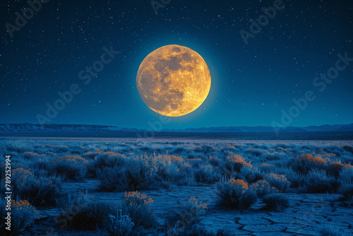 A scene showing a full moon rising close to the ground, creating a nocturnal oasis of silver light i