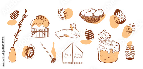 Easter celebration hand drawn set in warm colors. Hand drawn sketch with spots, spring religious holiday, background. Krashanky, pysanky, kulichi, rabbit, willow. Easter vector illustration.