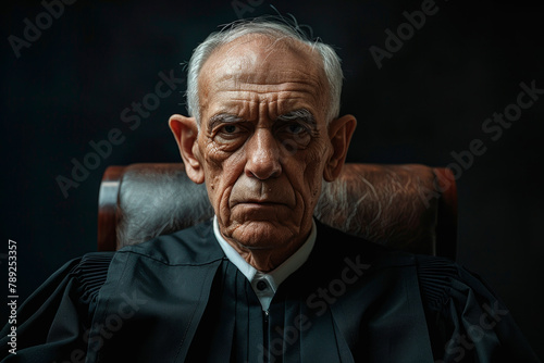 Somber judge in courtroom attire. Generative AI image