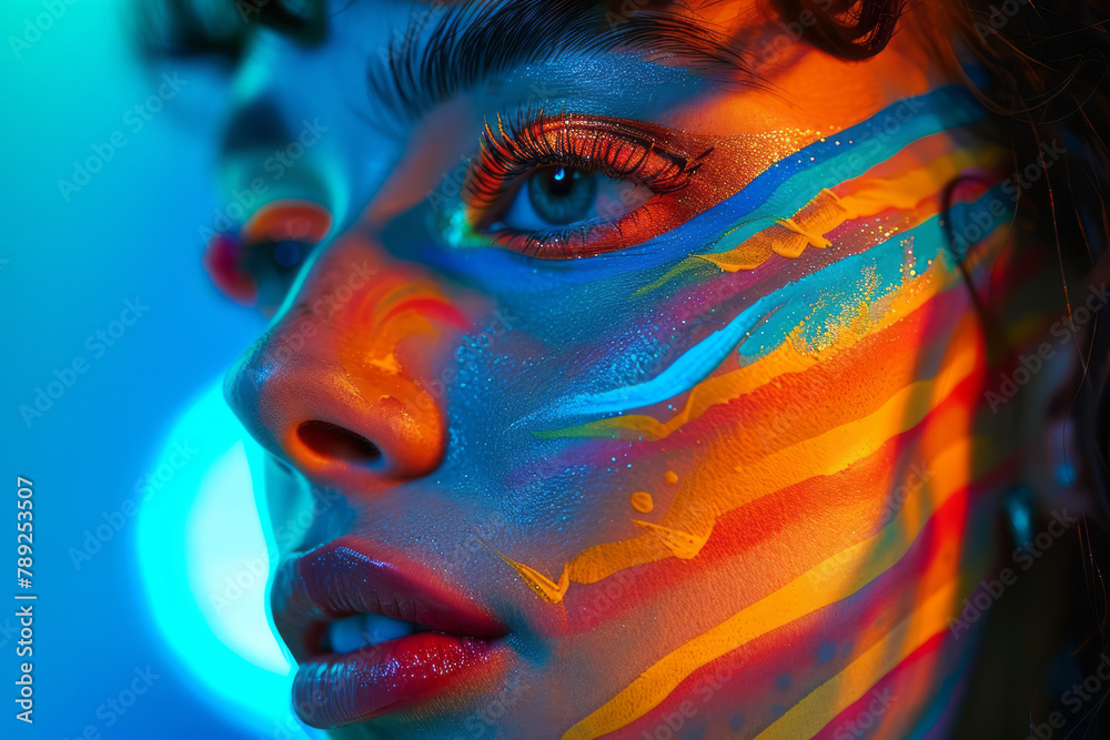 A depiction of a makeup artist applying a psychedelic-themed look for a photoshoot, using vibrant ey
