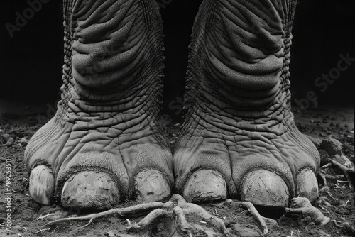 An elephant whose massive legs are akin to rough tree trunks, with bark textures and sprawling roots