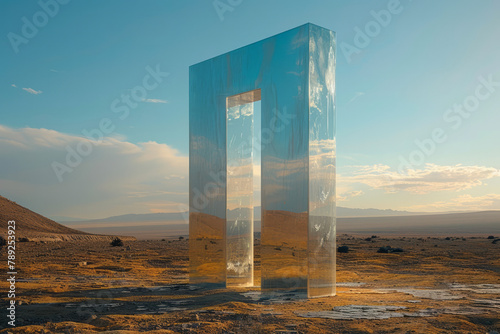 A depiction of a modern glass door standing in the center of a barren desert, reflecting the sun