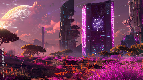 A data hub with bioenergy plants and solar power stations in the backdrop. encircled by a lush savannah and infrared-colored illuminations on one flank. photo
