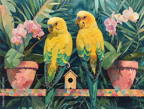 Painting of parakeets in an indoor garden, with a birdhouse on a shelf above pink and green plants with flowers and potted palms.