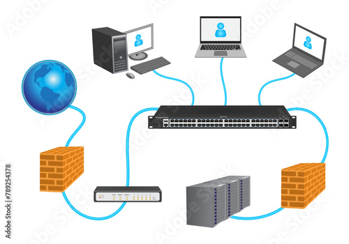 Lan network 3D diagram for business and technology concept. WAN of computer networking vector.