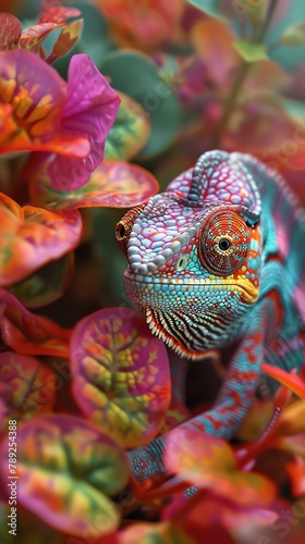 A chameleon blending into a vibrant scene of geraniums, almost hidden from view