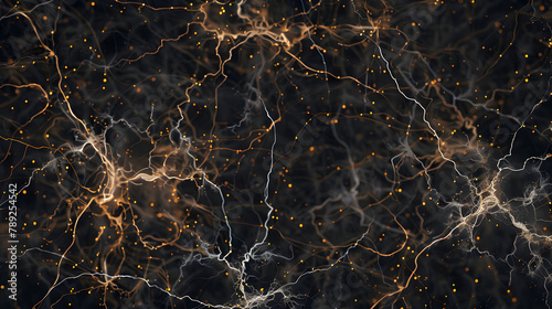 A detailed illustration of neurons or cell structures in the brain. highlighting their complex connections and energy flow paths. The background is dark to highlight these intricate patterns  photo
