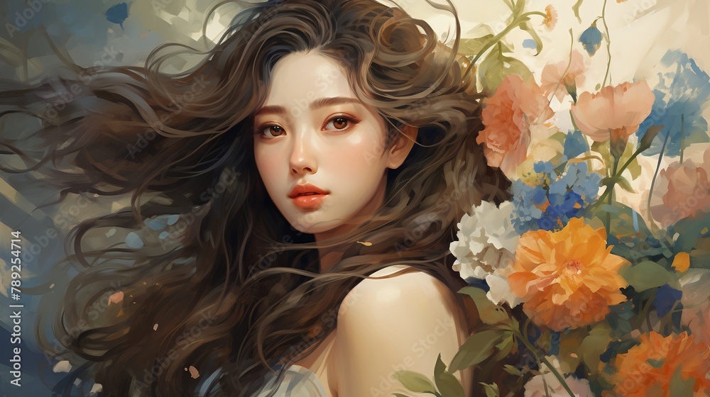 Ethereal Woman Amidst Blooming Flowers Illustration