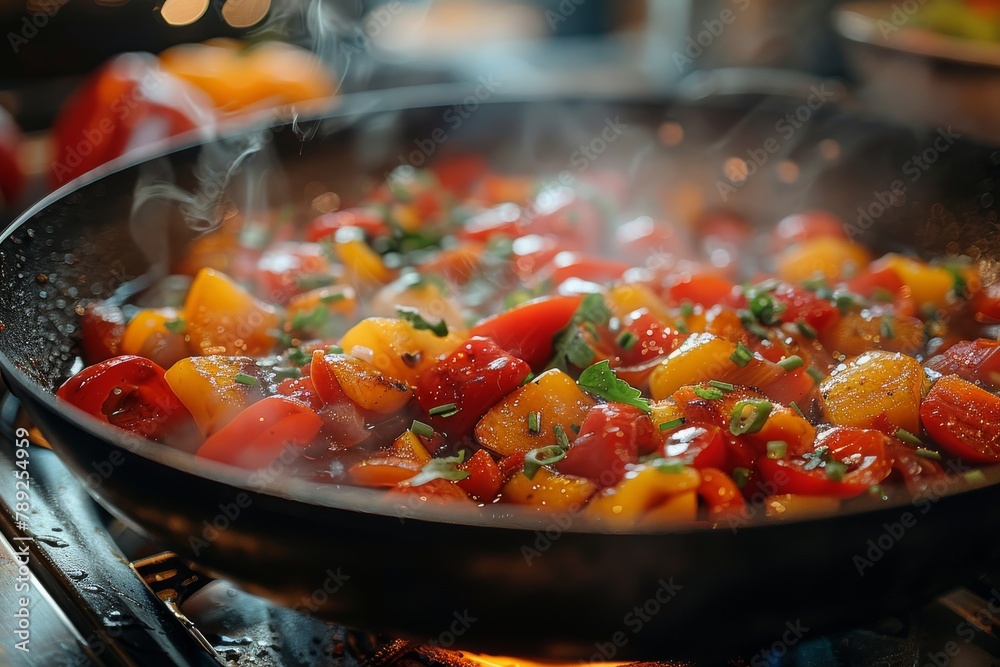 Hot pan with seared bell peppers and tomatoes, emphasizing steam and fresh herbs Hot pan with seared bell peppers and tomatoes, emphasizing steam and fresh herbs