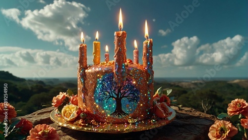 Create a candle cake design on 3-5 levels using the traditional Flamengo birthday theme, a fascinating digital illustration. The drawing shows the powerful tree of life a against the background of a s photo