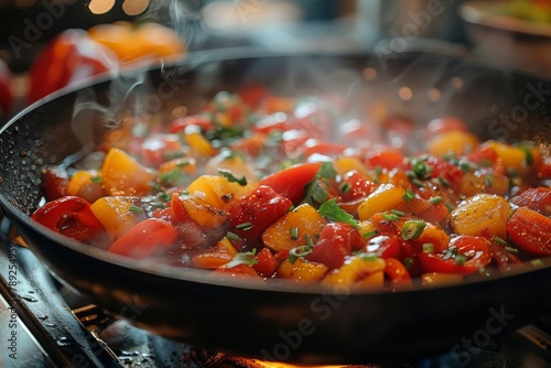 Hot pan with seared bell peppers and tomatoes, emphasizing steam and fresh herbs photo