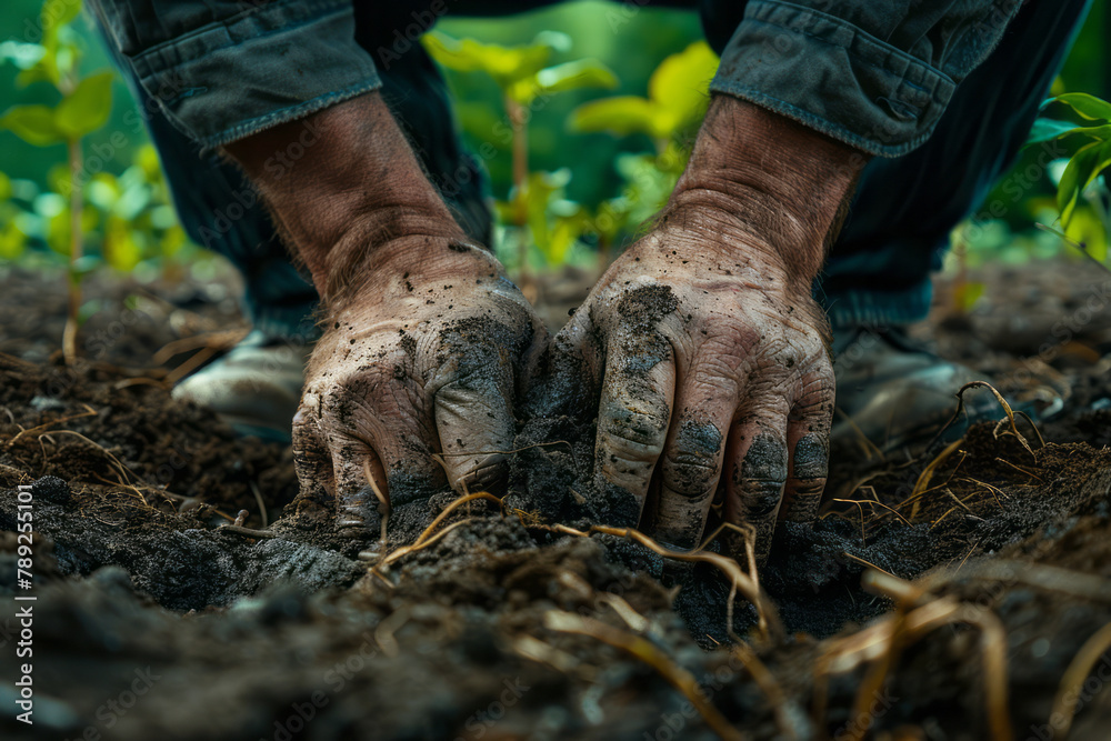 An image showing a man's hands digging into the soil, his fingers becoming roots that delve deep int