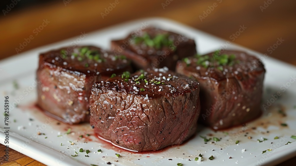Plate with delicious grilled steak on table, closeup. Space for text Plate with delicious grilled steak on table, closeup. Space for text