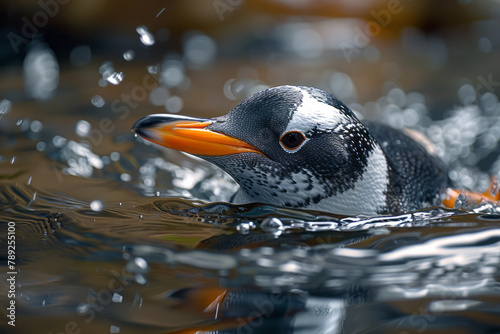 A depiction of a penguin with feathers that shimmer like fish scales, gliding effortlessly through i photo