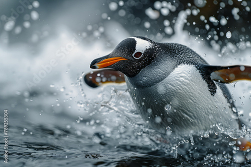 A depiction of a penguin with feathers that shimmer like fish scales, gliding effortlessly through i