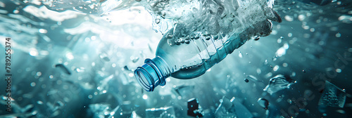 A Mineral Water Bottle Floating into Water Photograph, Water Splash on a Blue Background photo