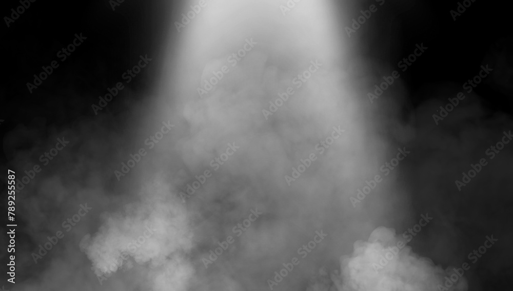 Dry ice smoke clouds fog texture. . Perfect spotlight mist effect on isolated black background.