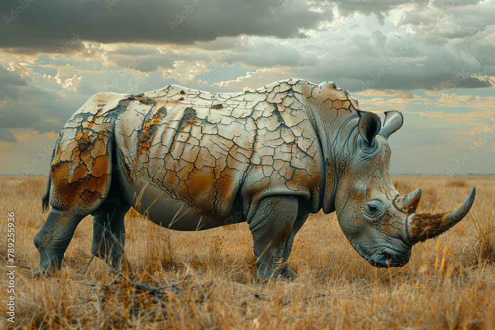 Fototapeta premium A depiction of a rhinoceros with skin that resembles cracked earth, blending into the savannah lands