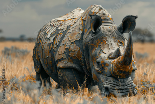 A depiction of a rhinoceros with skin that resembles cracked earth  blending into the savannah lands