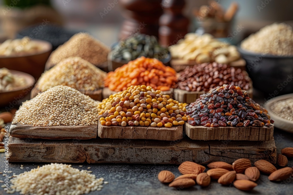 A diverse variety of grains and legumes arranged on wooden planks, showcasing healthy food options