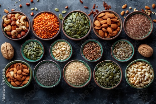 Multiple colorful bowls filled with various seeds and nuts neatly presented on a dark surface