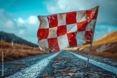 Tattered and worn red and white safety flag on a deteriorated road with clear sky and mountain in the background photo