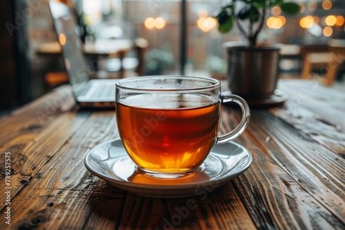 A clear cup of tea casting a beautiful reflection on a wooden surface in the calming environment of a modern cafe