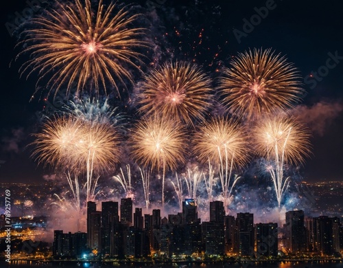 Spectacular fireworks display over a city skyline 