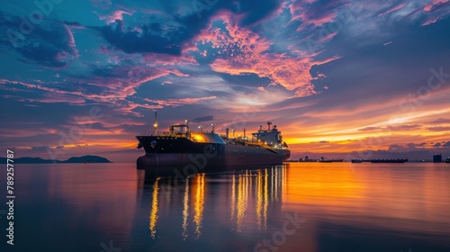 LNG (Liquified Natural Gas) tanker anchored in Gas terminal gas tanks for storage. Oil Crude Gas Tanker Ship. LPG at Tanker Bay Petroleum Chemical or Methane freighter export import transportation  photo