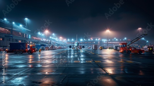 Night Scene at Busy Airport Cargo Area  