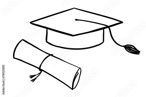 Graduate hat and diploma doodle illustrations. Hand drawn university cap. Line sketch. Academic hat icon