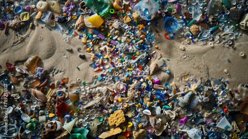 Close-up of microplastic particles background. Environmental water pollution problem of rubbish and trash in the oceans and seas