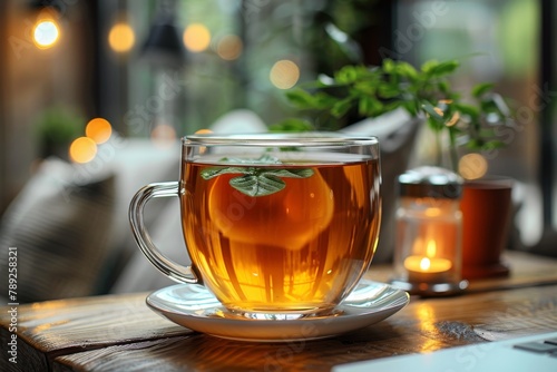 Warm soothing tea with fresh mint leaves served in a transparent glass cup in a cozy room setting © Larisa AI