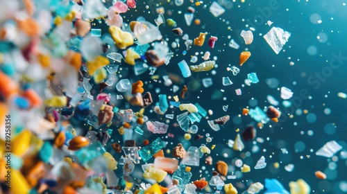 Background with microplastic particles floating in ocean or sea water. Environmental plastic pollution problem of rubbish and trash