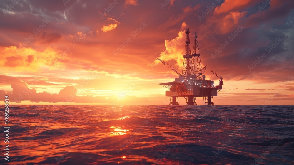 Offshore Jack Up Rig in The Middle of The Sea at Sunset Time