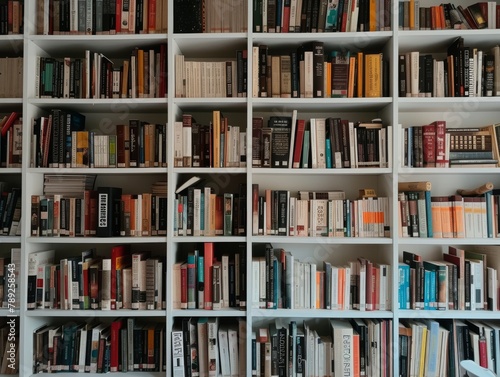 A neatly arranged bookshelf with a multitude of books in different colors and sizes, depicting an orderly and diverse collection photo