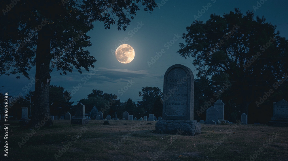 Tomb stone with moon natural light on cimetery