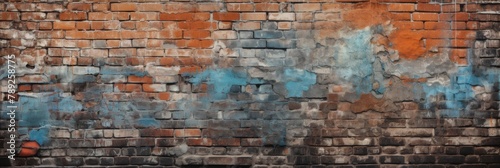Urban Graffiti Art On Weathered Brick Wall Texture. Abstract Graffiti Painting On Old Bricks, Creative Background. Generative AI