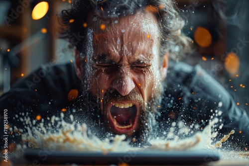 An image of a man's surprised and shocked reaction as he sits in front of an exploding dessert plate at a table
