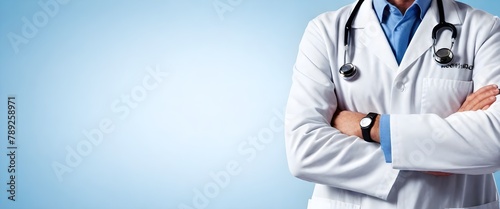 Caucasian adult in a white lab coat with a stethoscope around the neck, arms crossed, standing in front of a blurred blue background