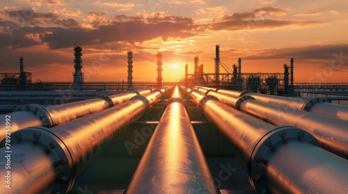 Pipeline and pipe rack of petroleum industrial plant with sunset sky background