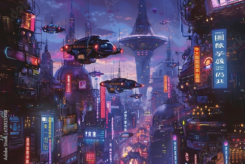   A mural of a futuristic cityscape with neon signs and flying cars